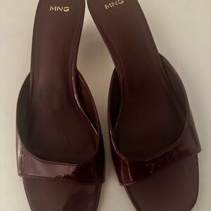 Mango MNG Women's Deep Burgundy Patent Leather Mules Kitten Heel